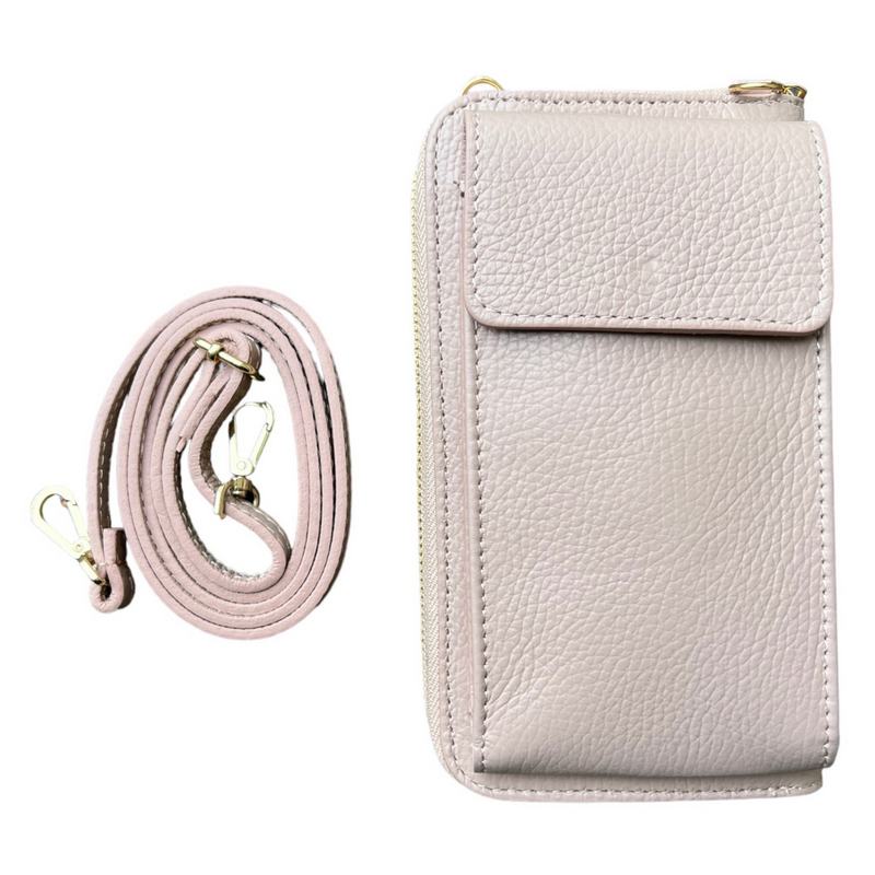 Italian Leather Cross-Body Purse in Smoke Rose with strap