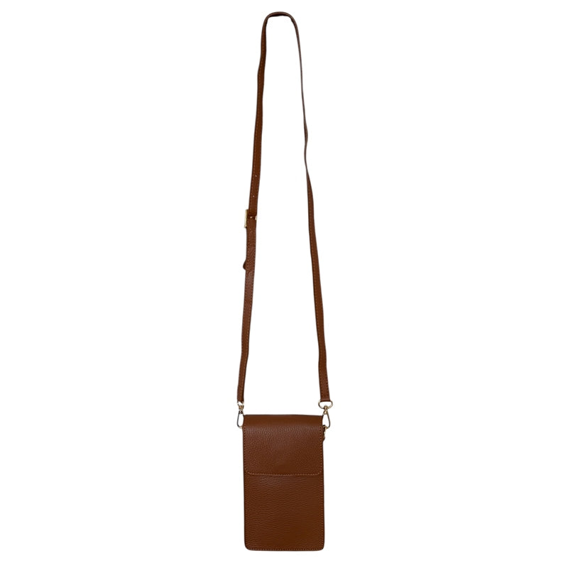 Italian Leather Cross-body Phone Bag Dark Tan hanging