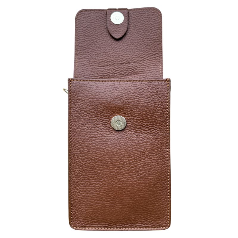 Italian Leather Cross-body Phone Bag Dark Tan open