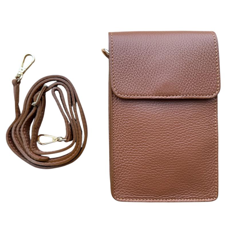 Italian Leather Cross-body Phone Bag Dark Tan with strap