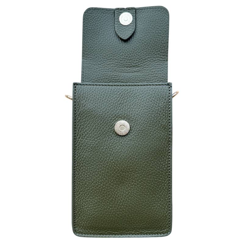 Italian Leather Cross-body Phone Bag Olive Green open