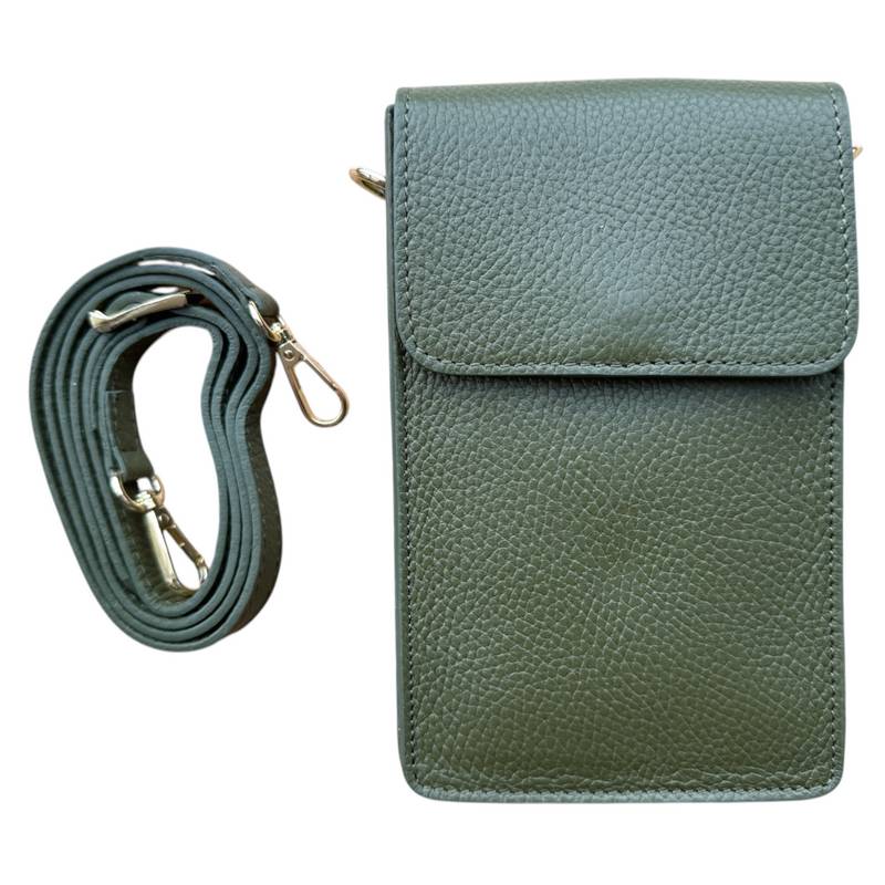 Italian Leather Cross-body Phone Bag Olive Green with strap