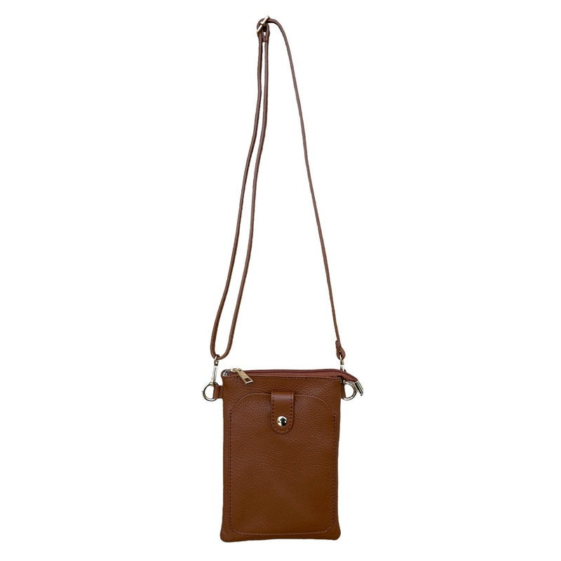 Italian Leather Crossbody Bag in Dark Tan PS522 hanging