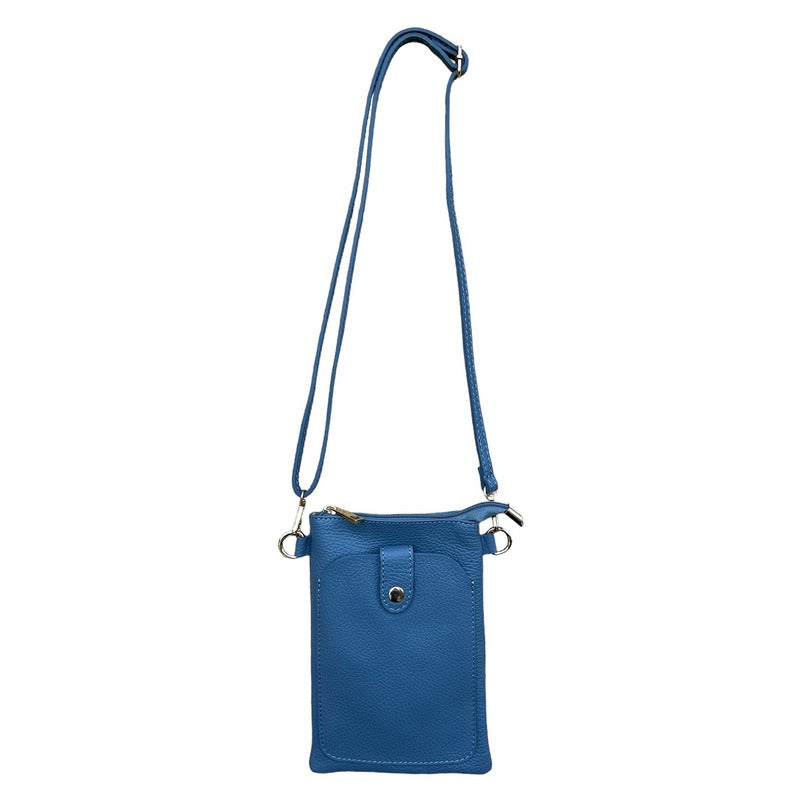Italian Leather Crossbody Bag in Denim Blue PS522 hanging