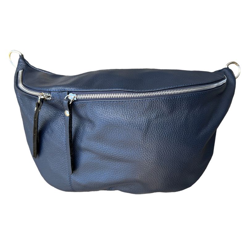Italian Leather Large Crescent Handbag in Navy PM503 front