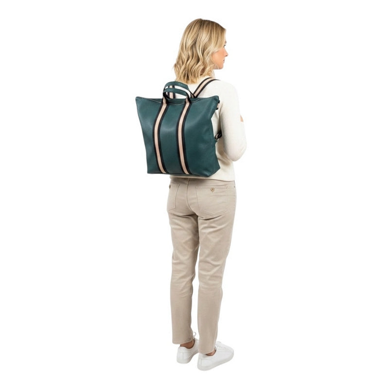 Italian Leather Multi Shoulder and Backpack in Dark Teal on model side