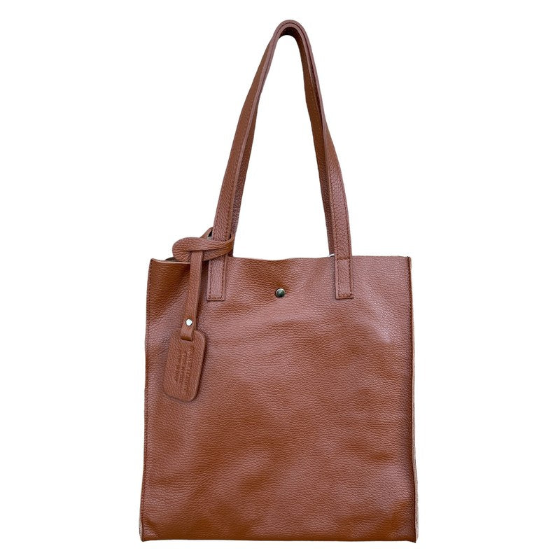 Italian Leather Shopper Tote Bag in Dark Tan PL580 front