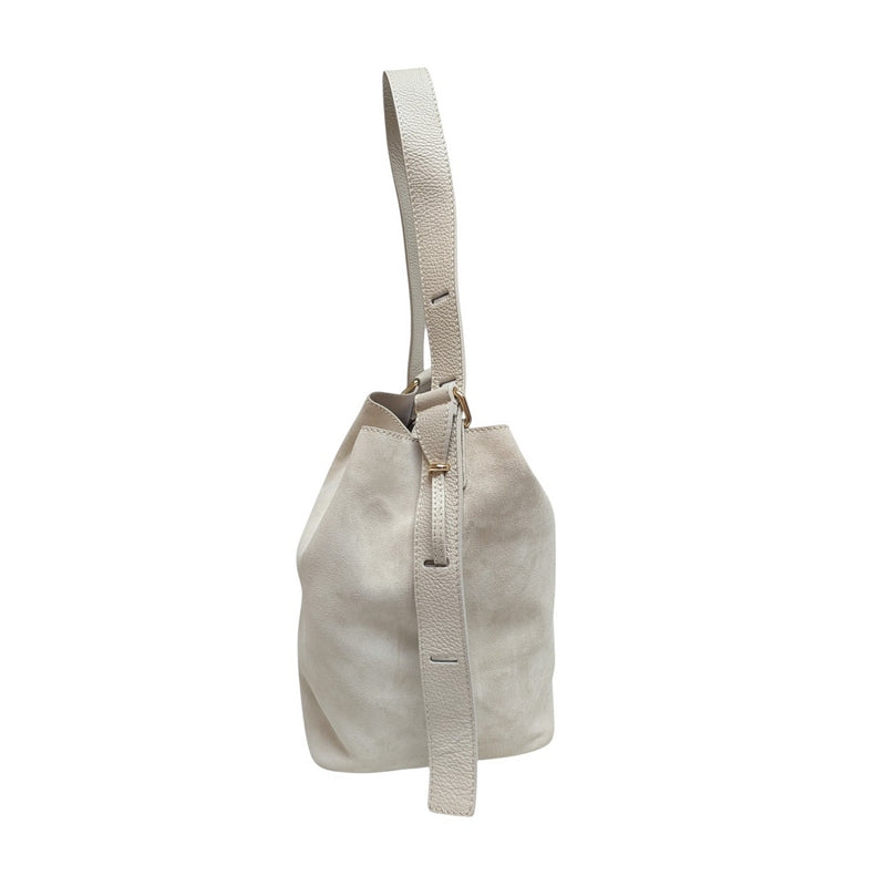 Italian Leather Suede Bucket Bag Cream PM618 side
