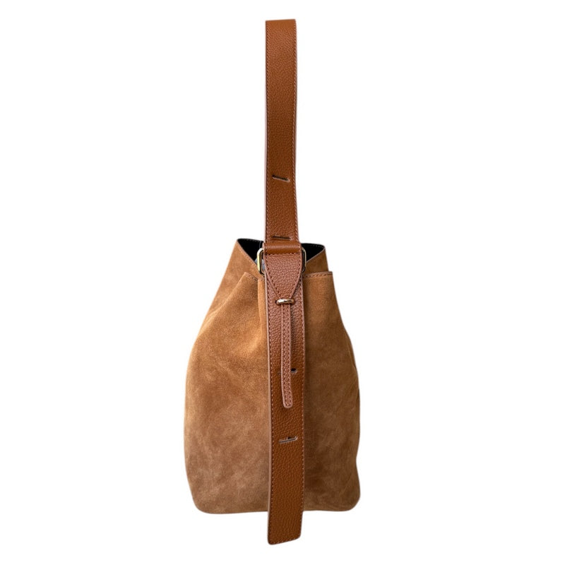 Italian Leather Suede Bucket Bag Dark Tan Buckle side