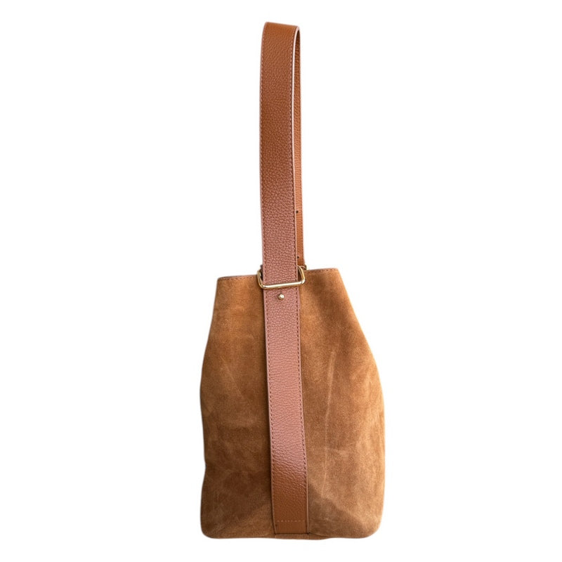 Italian Leather Suede Bucket Bag Dark Tan side