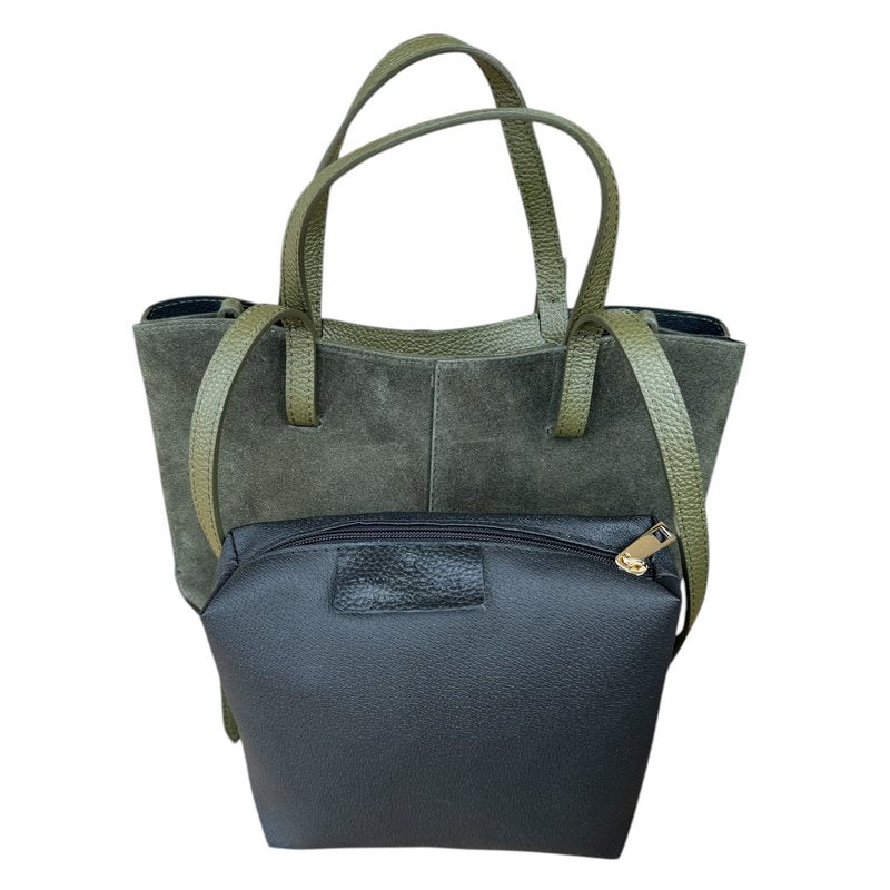 Italian Leather Suede Shoulder Bag Olive Green with inner pouch