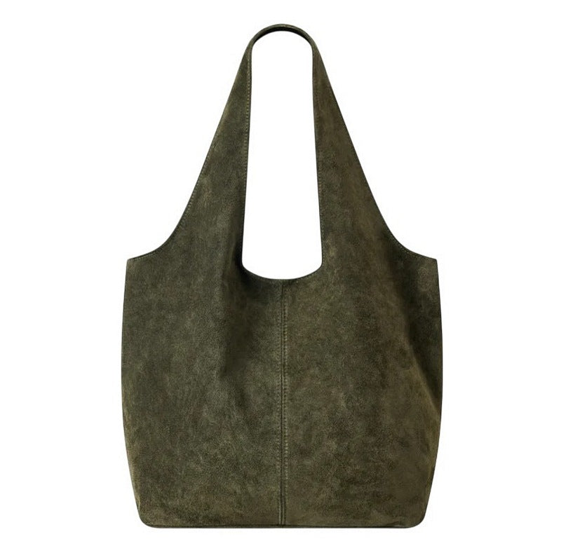 Italian Leather Suede Shoulder Tote Bag in Olive Green PL662 front