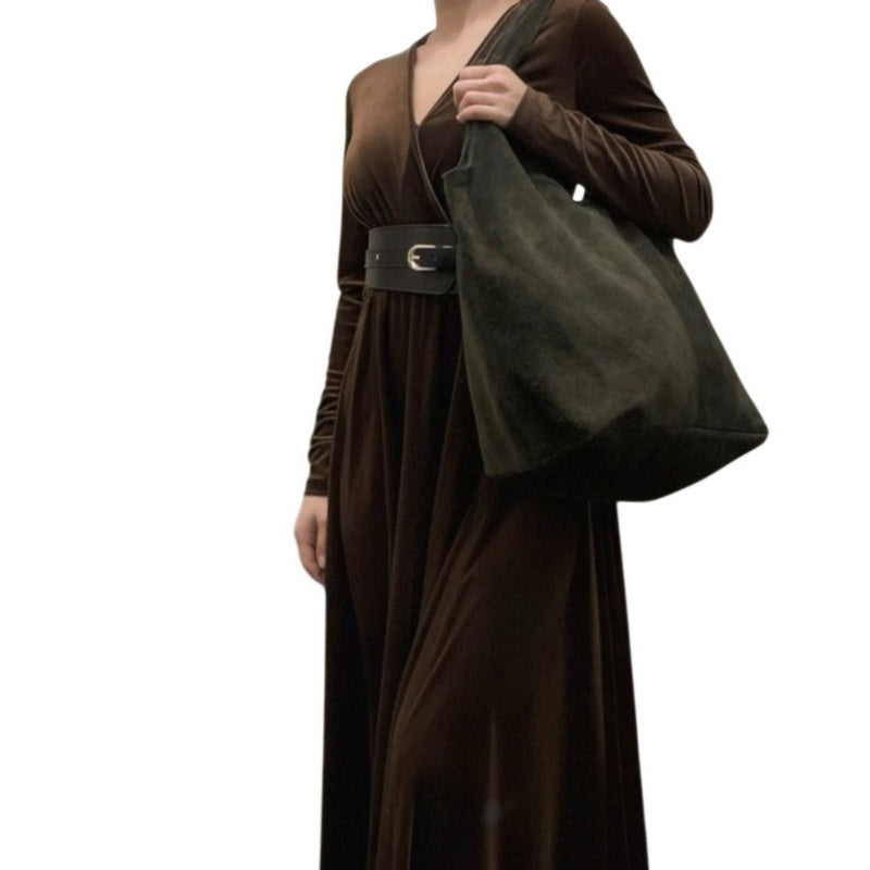 Italian Leather Suede Shoulder Tote Bag in Olive Green PL662 model