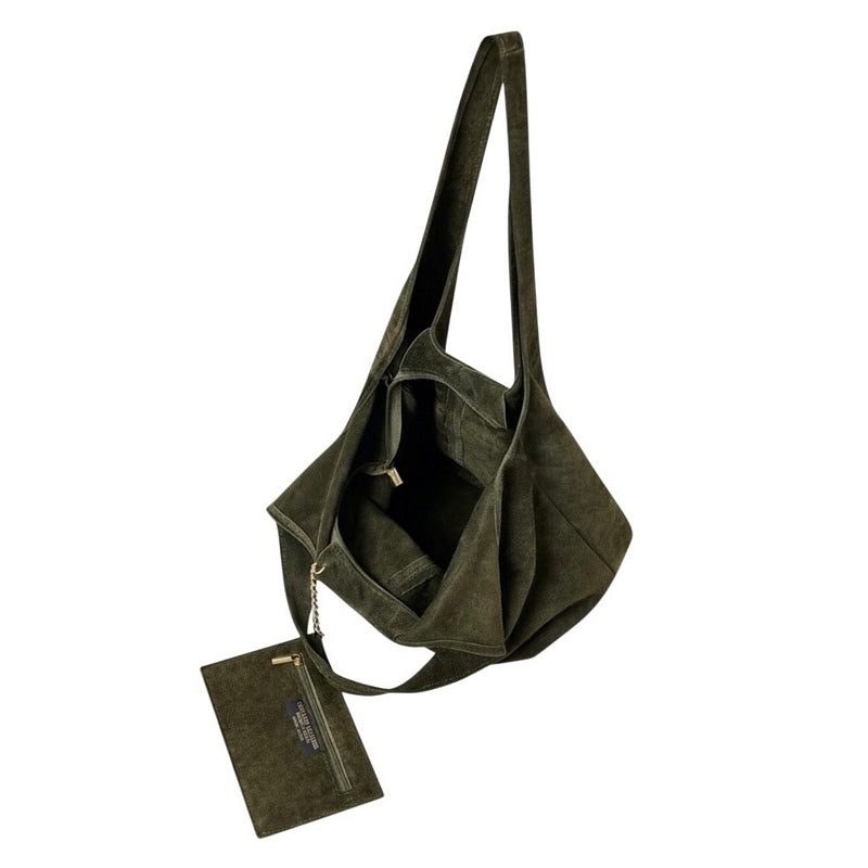 Italian Leather Suede Shoulder Tote Bag in Olive Green PL662 open