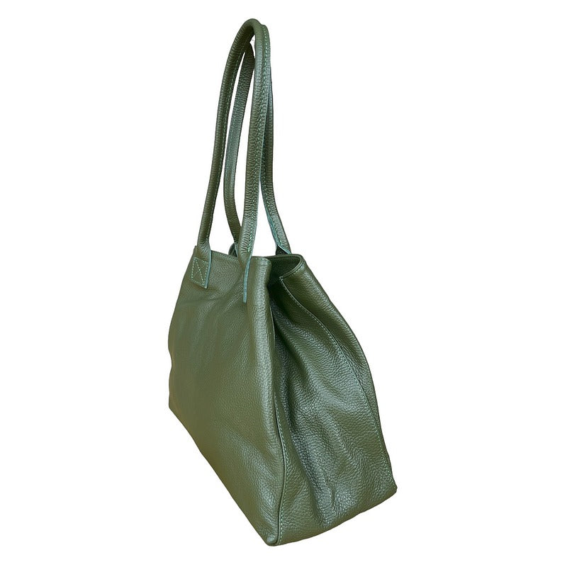 Italian Leather Tote Bag in Olive PL454 angled