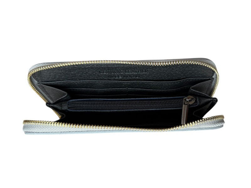 Italian Leather Zipped Purse Light Grey open