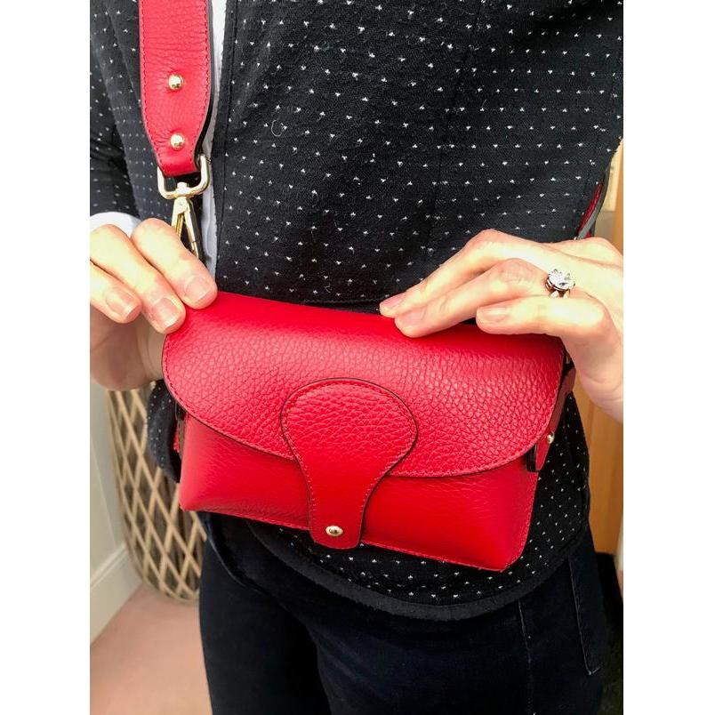 Leather Mini Crossbody Handbag in Berry on model