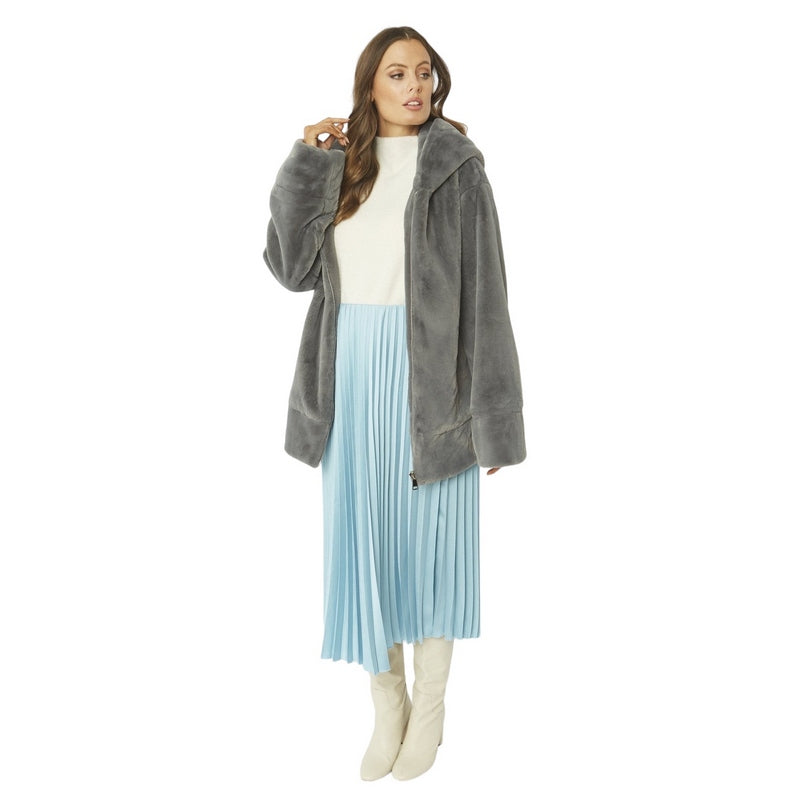 Jayley Faux Fur Oversized Hooded Jacket Grey FMHBJ495A-03 on model front