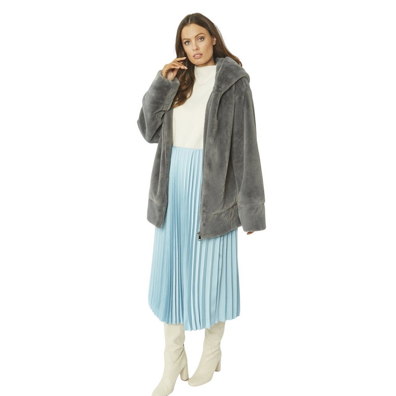 Jayley Faux Fur Oversized Hooded Jacket Grey FMHBJ495A-03 on model main