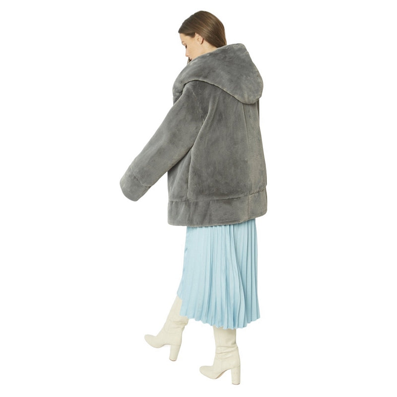 Jayley Faux Fur Oversized Hooded Jacket Grey FMHBJ495A-03 on model back