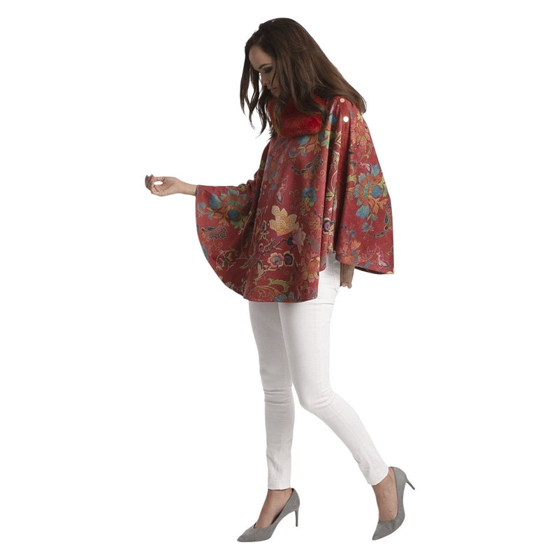Jayley Faux Fur & Suedette Poncho Red Floral SUXFMP295A-08H on model side