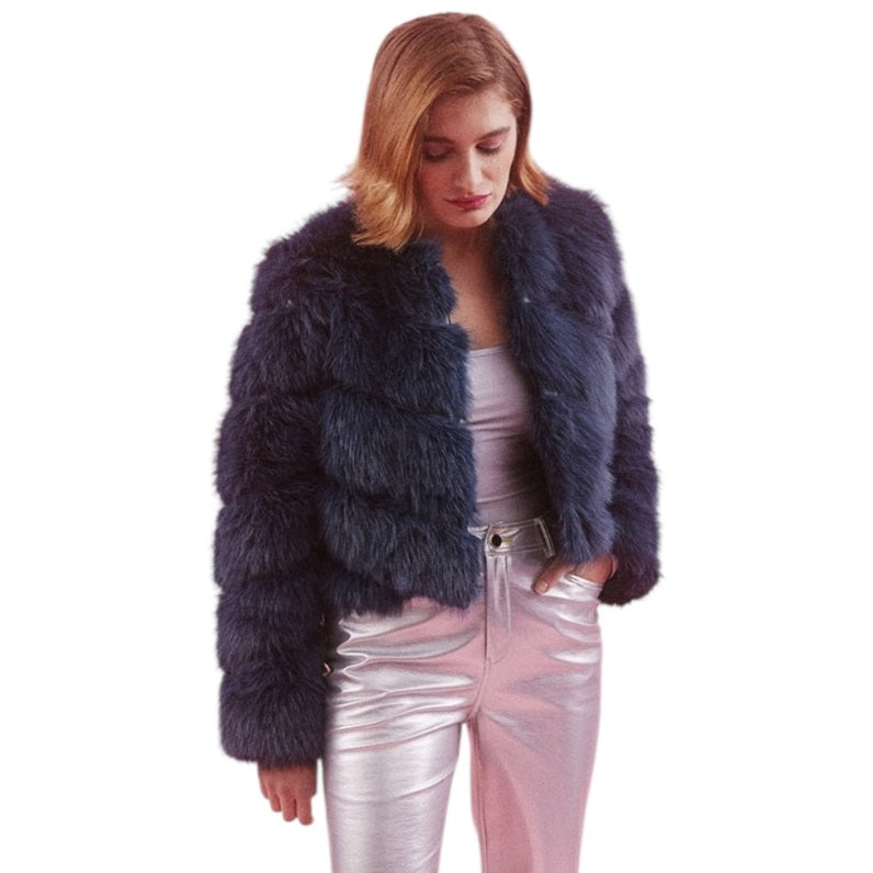 Jayley Handmade Bamboo Lyocell Faux Fur Jacket Slate Blue FMBJ475A-07 on model front closeup