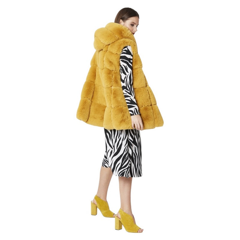 Jayley Sunshine Yellow Faux Fur Long Hooded Gilet FMG55A-0Y on model side