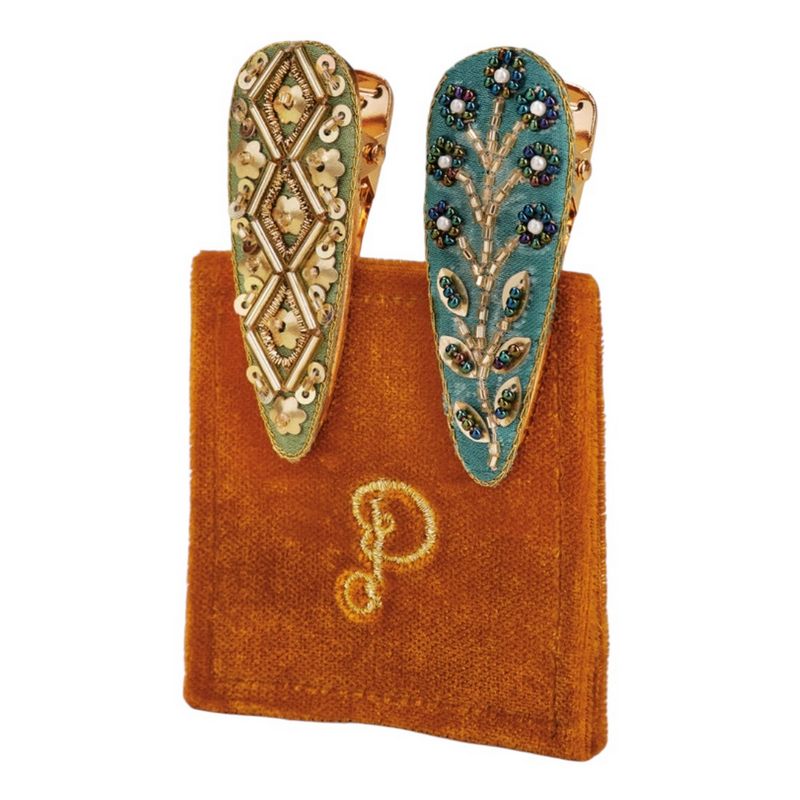 Jewelled Tile and Wheat Hairclips Sage and Teal 2 Pack JEW44 main