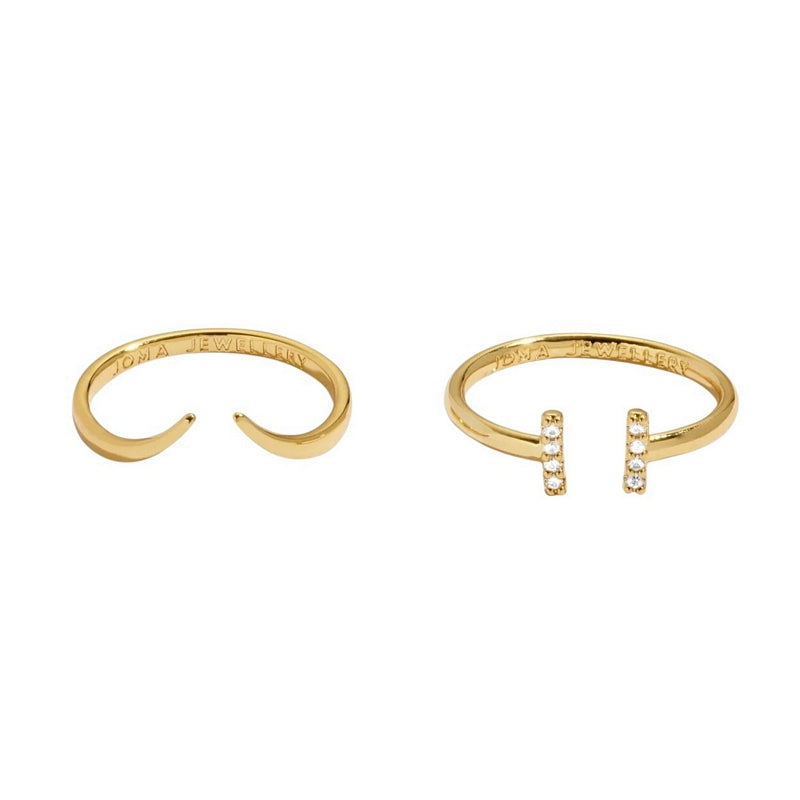 Joma Jewellery 8483 Soul Shine Ring Stack CZ T Bar Set of 2 Gold Plate rings front
