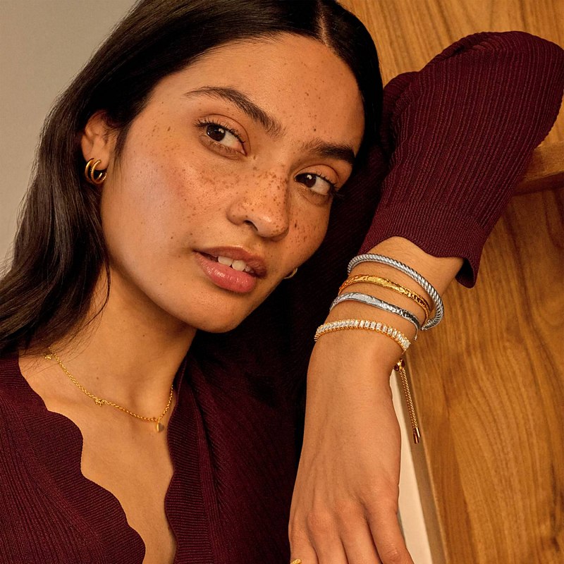 Joma Jewellery Bracelet Bar Hammered Bangle Set Silver and Gold 10252 on model with stack