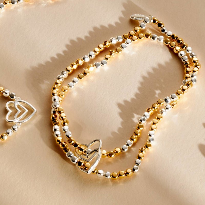 Joma Jewellery Reva Double Heart Linked Bracelets Silver and Gold 10043 lifestyle