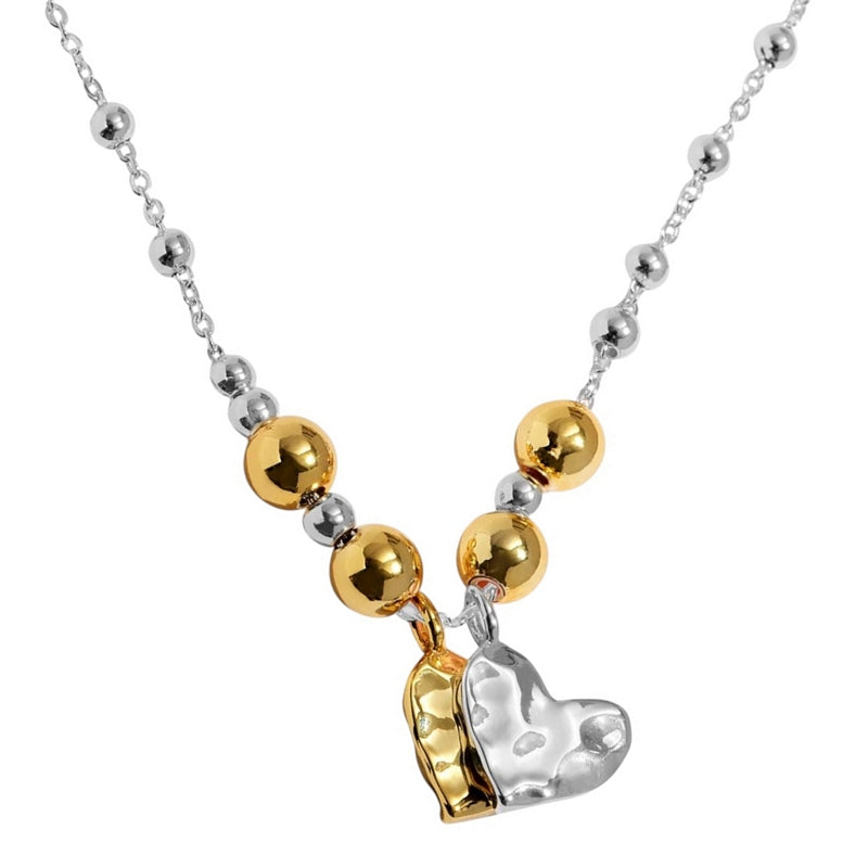 Joma Jewellery Reva Textured Offset Hearts Necklace Silver and Gold 10036 detail
