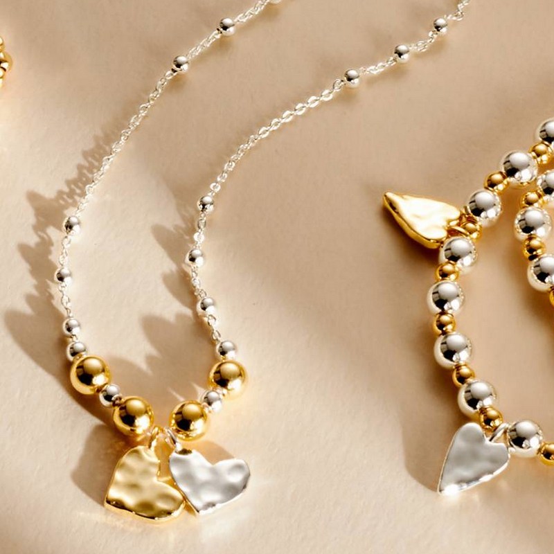 Joma Jewellery Reva Textured Offset Hearts Necklace Silver and Gold 10036 lifestyle