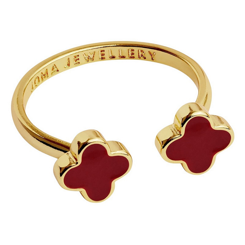 Joma Jewellery Signature Clover Collection Red Clover Ring Gold 10529 angled