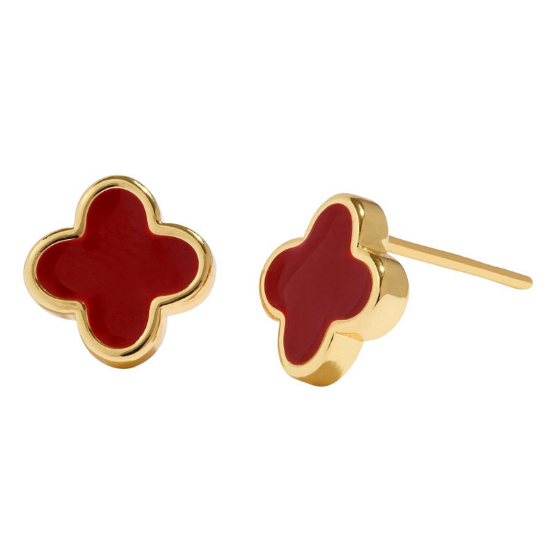 Joma Jewellery Signature Clover Collection Red Clover Stud Earrings Gold 10577 front and side