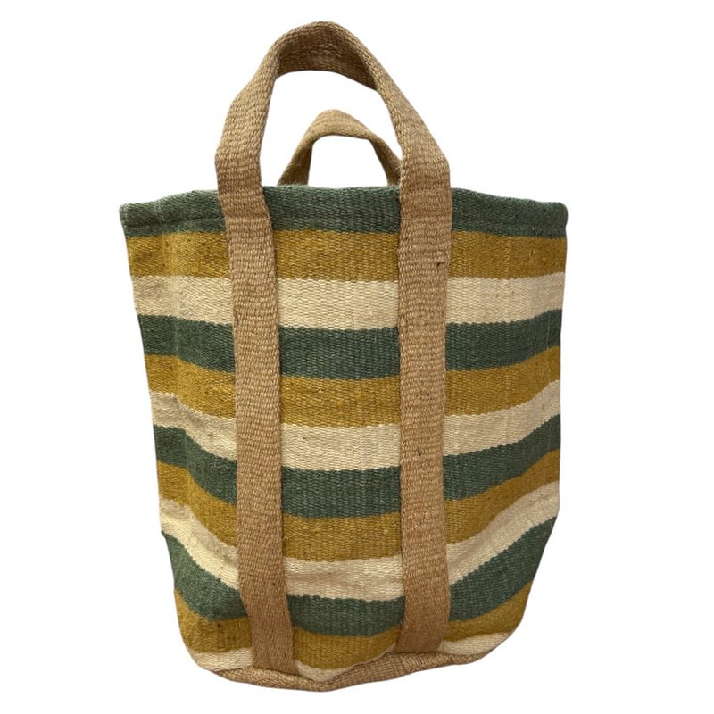 Jute Storage Basket Olive Saffron Stripes front