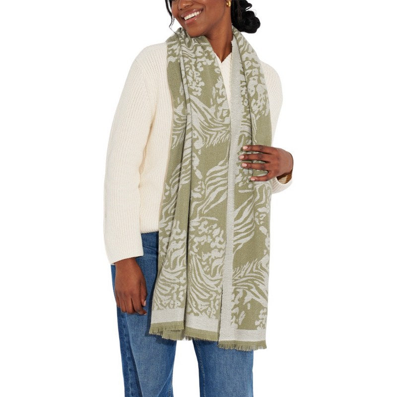 Katie Loxton Animal Printed Blanket Scarf in Warm Khaki KLS512 on model