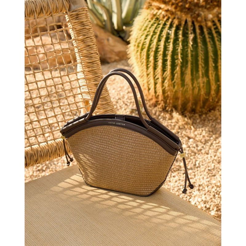 Katie Loxton Florence Mini Tote Bag Natural Raffia Bitter Chocolate KLB4451 lifestyle