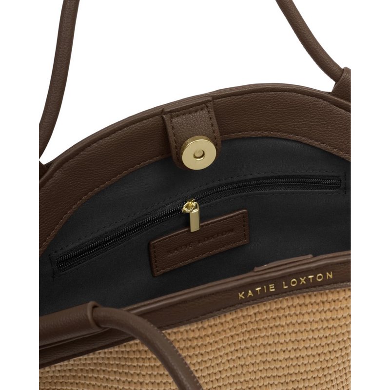Katie Loxton Florence Mini Tote Bag Natural Raffia Bitter Chocolate KLB4451 open