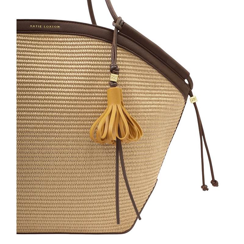 Katie Loxton Florence Tote Bag Natural Raffia Bitter Chocolate KLB4453 charm