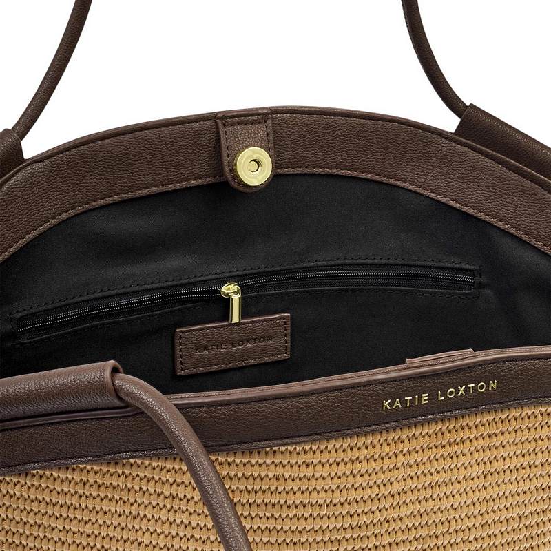 Katie Loxton Florence Tote Bag Natural Raffia Bitter Chocolate KLB4453 inside zip pocket