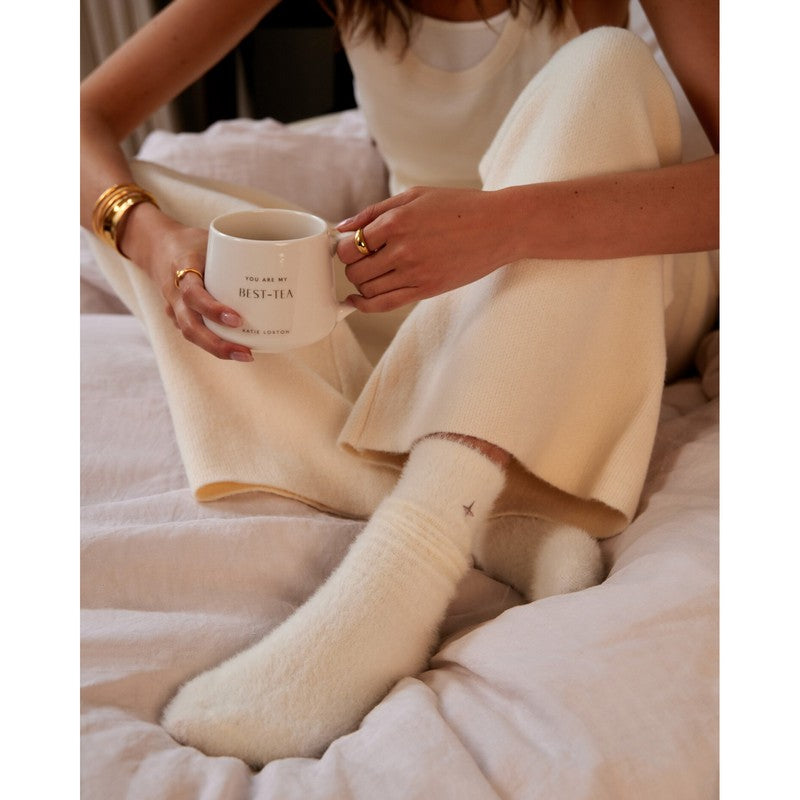 Katie Loxton Gift Boxed Fluffy Snug Socks Star Off White KLS687 on model