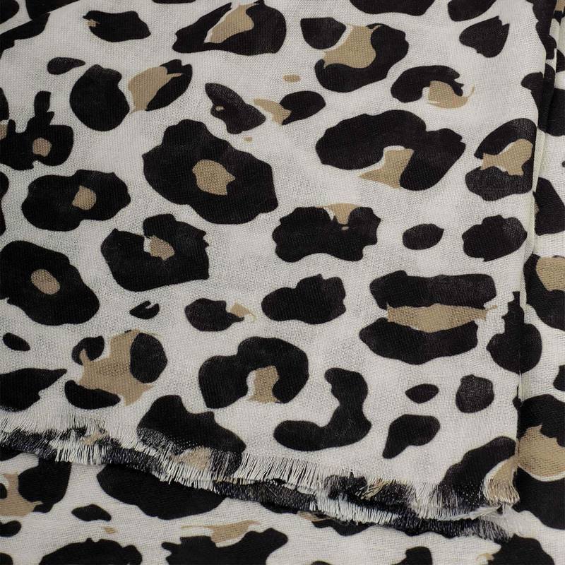 Katie Loxton Leopard Print Scarf Off White & Black KLS802 frayed edge
