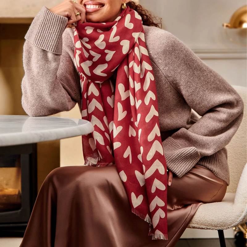 Katie Loxton Printed Abstract Heart Scarf in Garnet Red and Light Taupe lifestyle