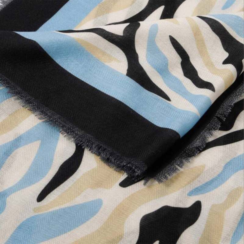 Katie Loxton Printed Abstract Zebra Scarf in Ecru, Blue and Black KLS665 detail
