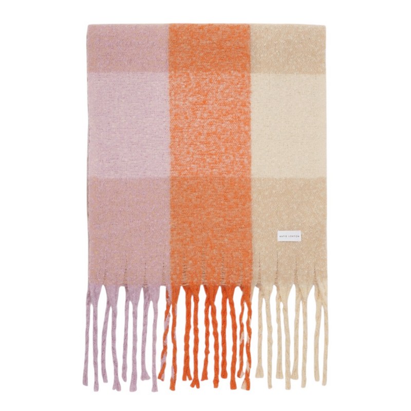 Katie Loxton Recycled Tassle Scarf in Lilac Orange and Taupe KLS729 folded