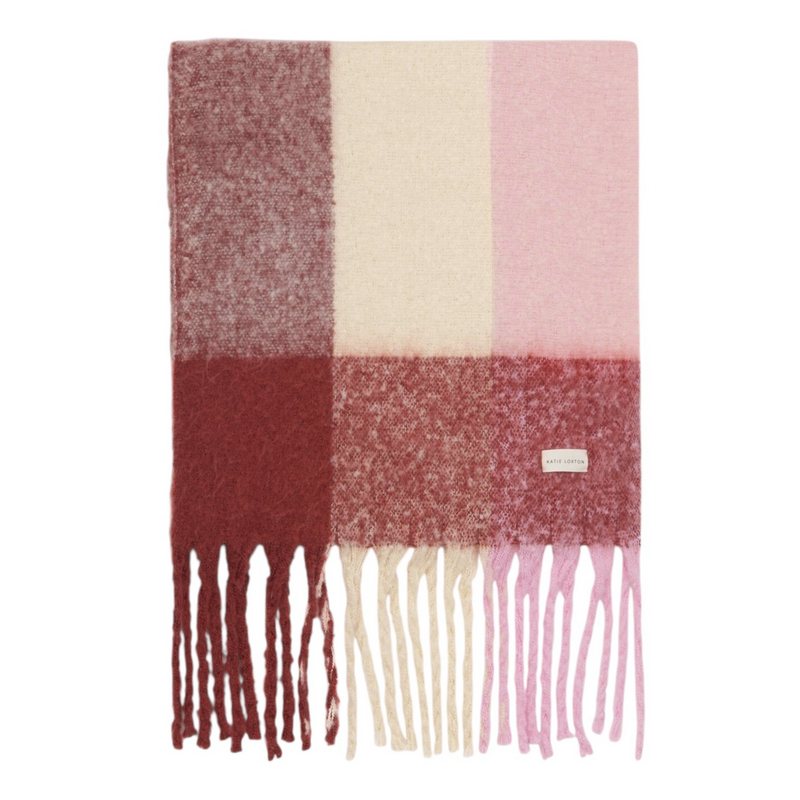 Katie Loxton Recycled Tassle Scarf in Pink Burgundy and Cream KLS728 folded