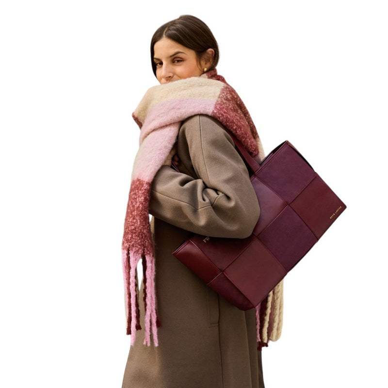 Katie Loxton Recycled Tassle Scarf in Pink Burgundy and Cream KLS728 on model 2