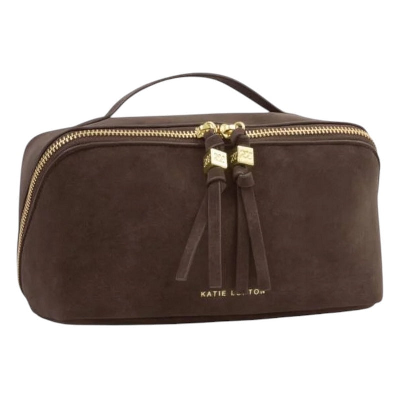 Katie Loxton Soho Makeup or Wash Bag Medium Chocolate Suedette KLB4522 front