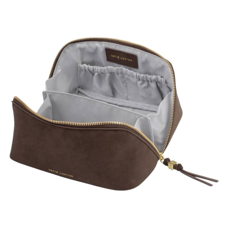 Katie Loxton Soho Makeup or Wash Bag Medium Chocolate Suedette KLB4522 open